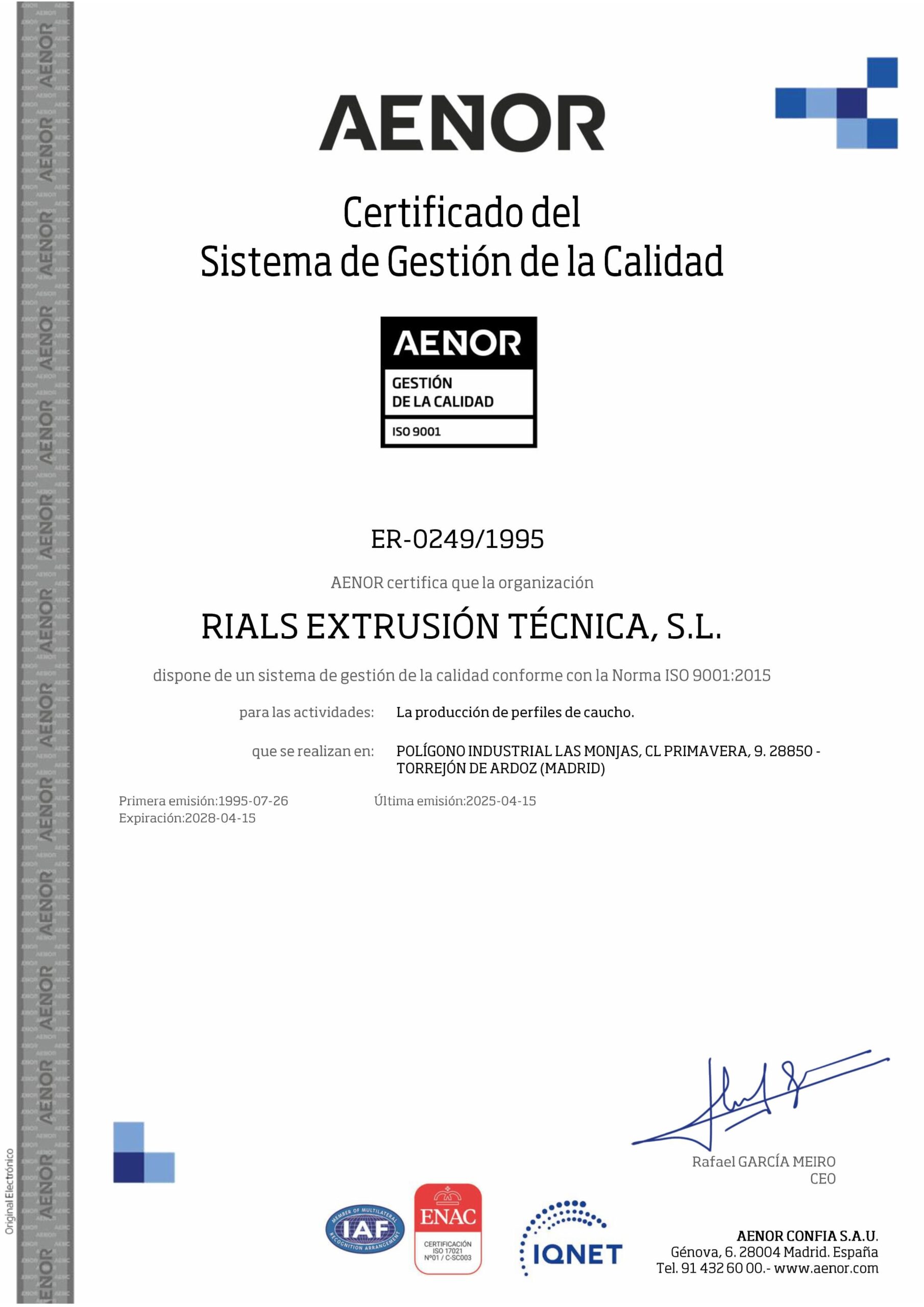 AENOR-Zertifikat - Rials Certificado Aenor