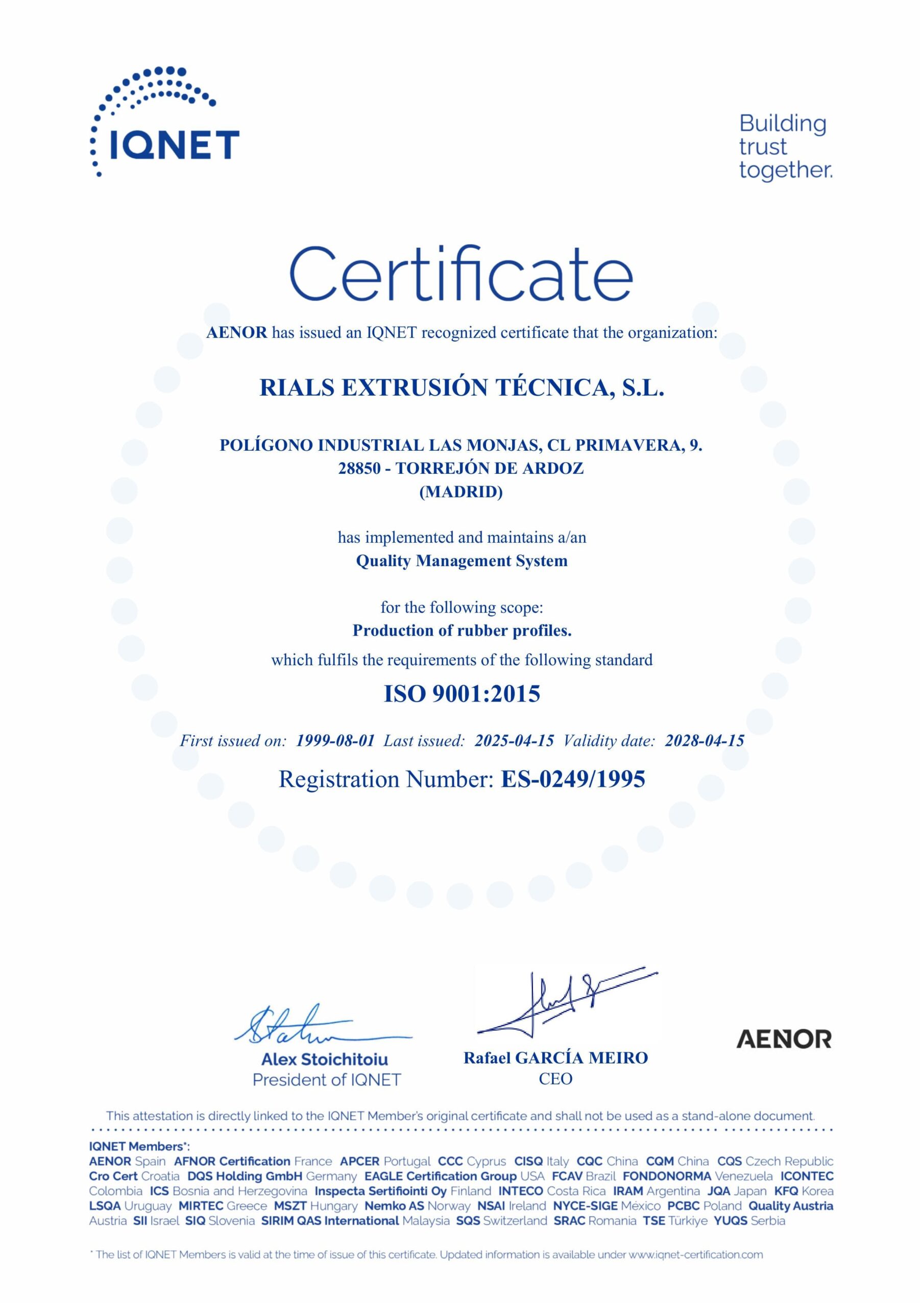 IQNet-Zertifikat - Rials Certificado Aenor